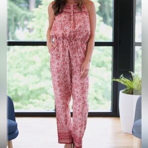 Faherty Adella Pink Floral Racerback Jumpsuit in SunUp Block Print Size Large